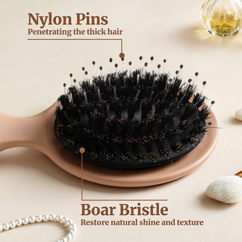KFHENSOMR 2 Pack Travel Hair Brush Mini Boar Bristle Hairbrush Portable Compact HairBrush Pocket Travel Size Small Paddle Hair Brush for Thick Curly Thin Long Short Wet or Dry Hairs - Pink Brown - Image 3